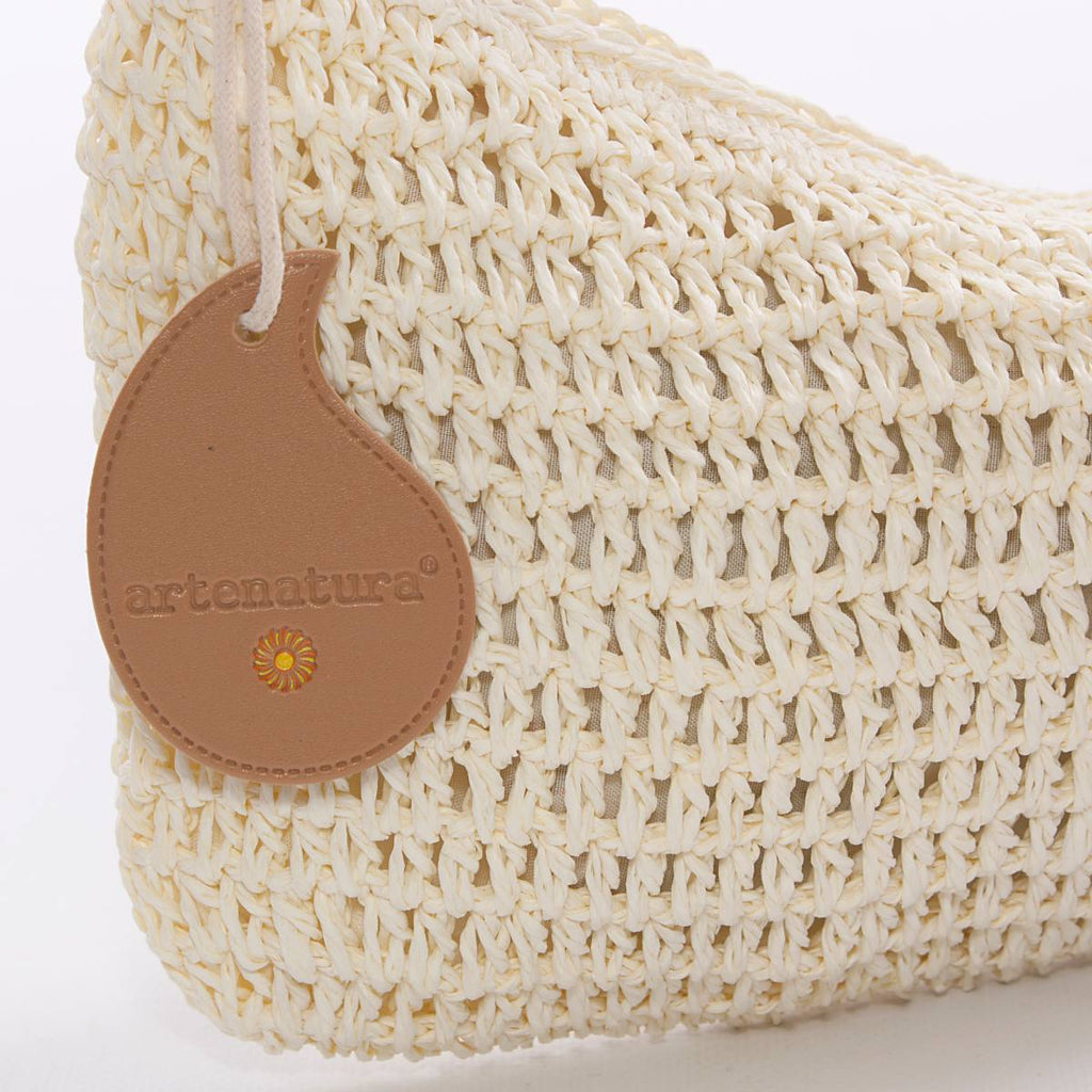 Borsetta in fibre naturali panna con catena azzurra, 30x15 cm