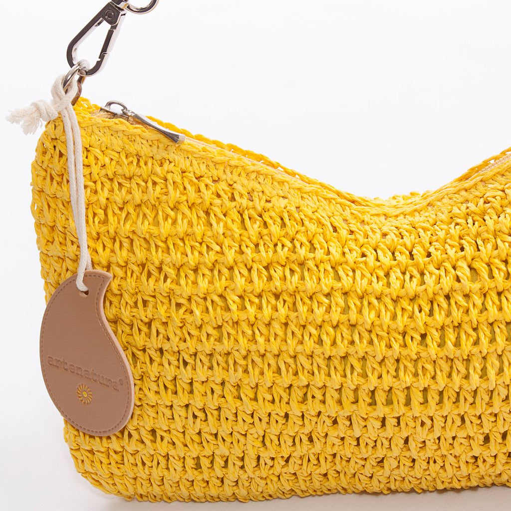 Borsetta in fibre naturali gialla con catena nera, 30x15 cm