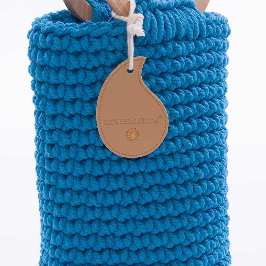 Borsa a secchiello blu con manici in legno, Ø15H35 cm