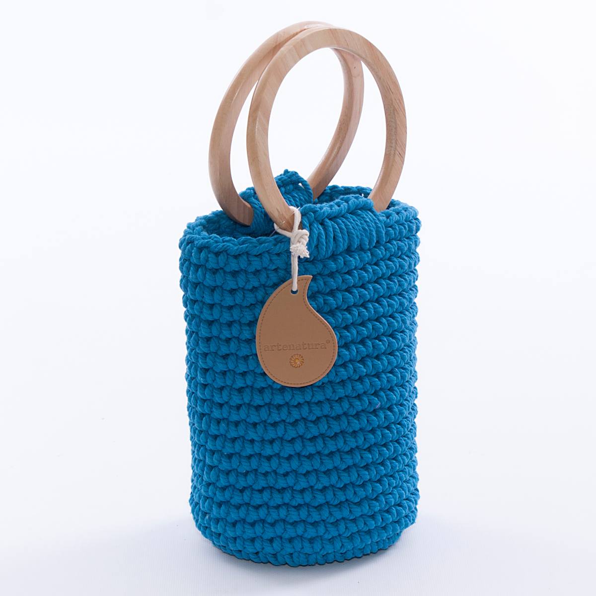 Borsa a secchiello blu con manici in legno, Ø15H35 cm