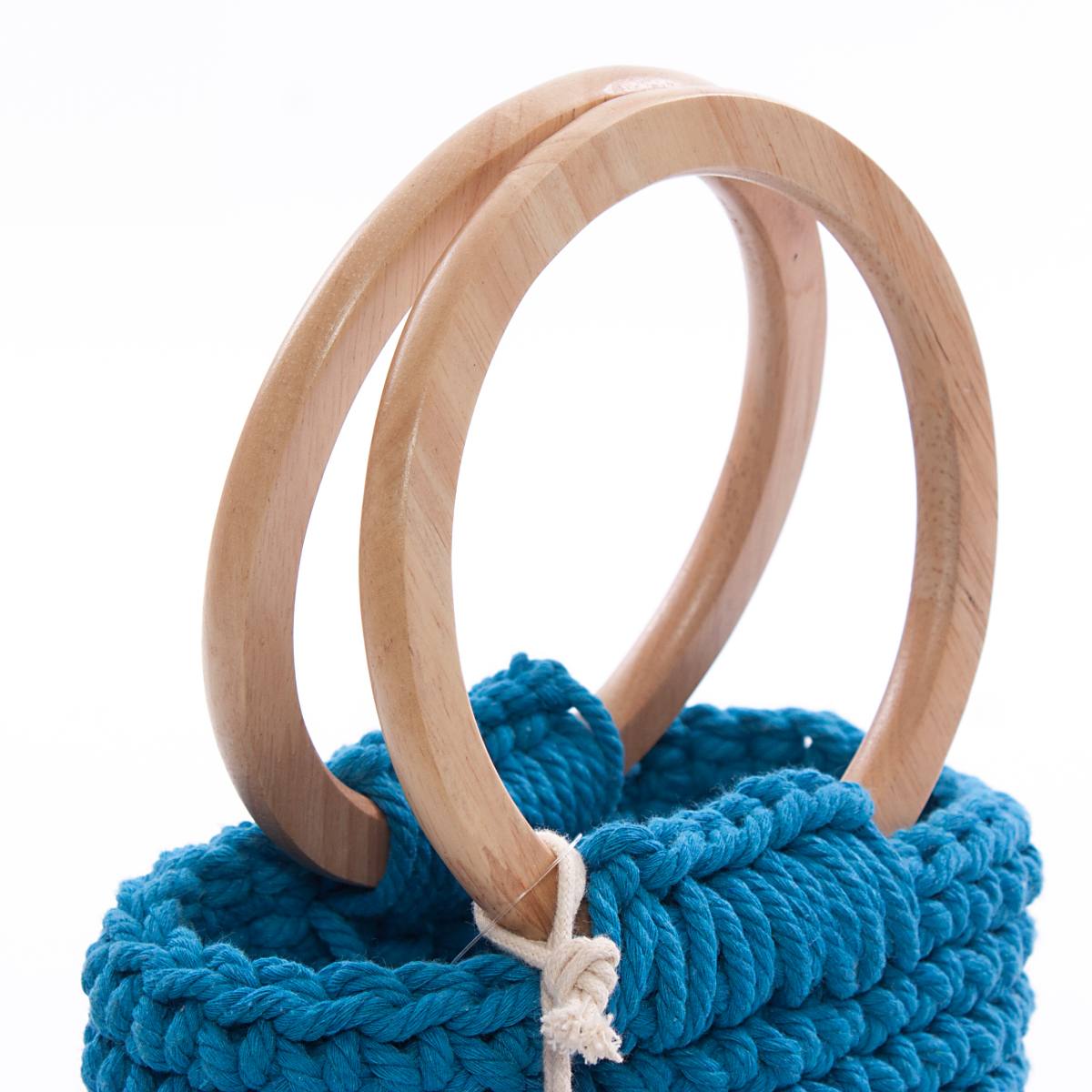 Borsa a secchiello blu con manici in legno, Ø15H35 cm