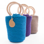 Borsa a secchiello blu con manici in legno, Ø15H35 cm