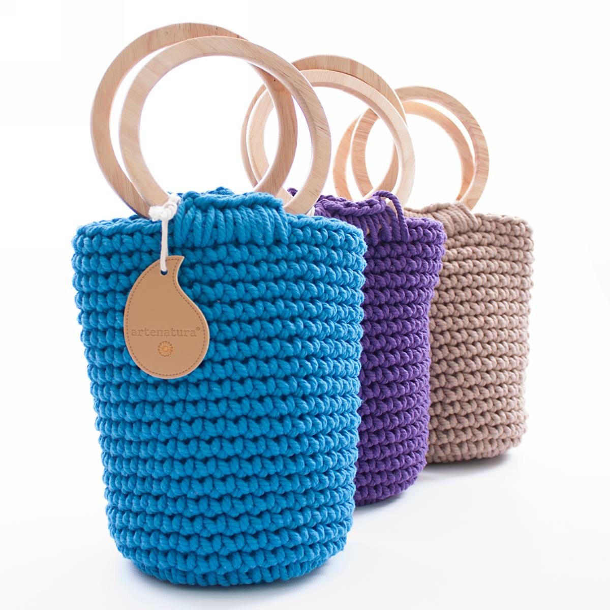 Borsa a secchiello blu con manici in legno, Ø15H35 cm