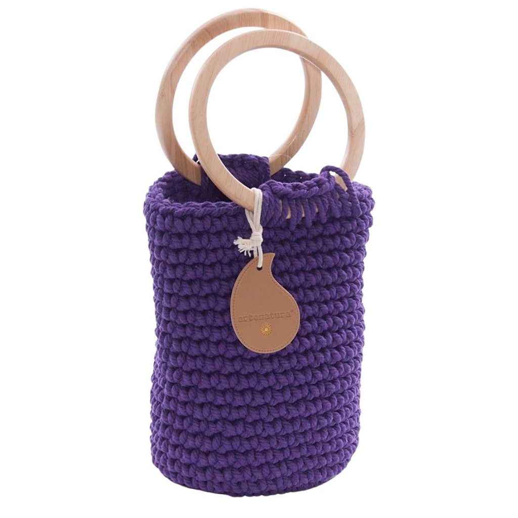 Borsa a secchiello in cotone viola con manici tondi in legno, Ø15x35 cm