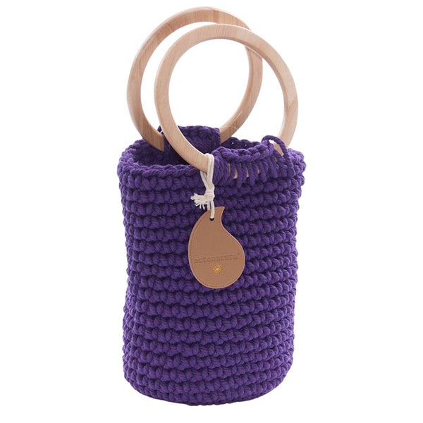Borsa a secchiello in cotone viola con manici tondi in legno, Ø15x35 cm
