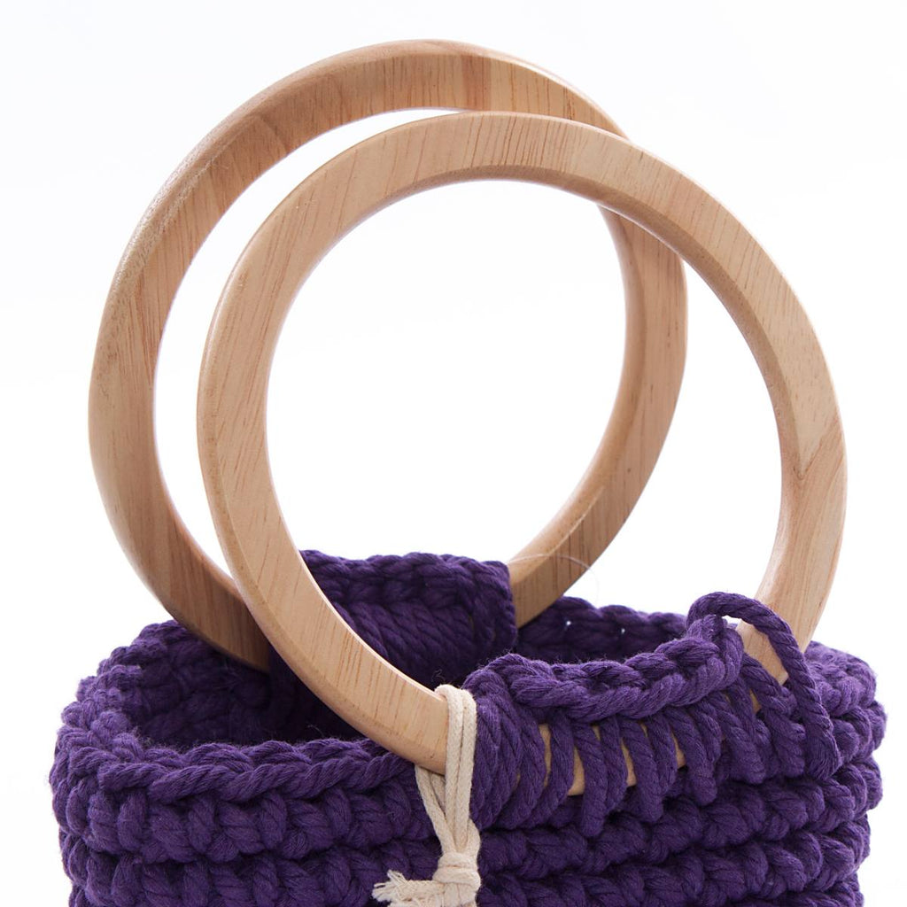 Borsa a secchiello in cotone viola con manici tondi in legno, Ø15x35 cm