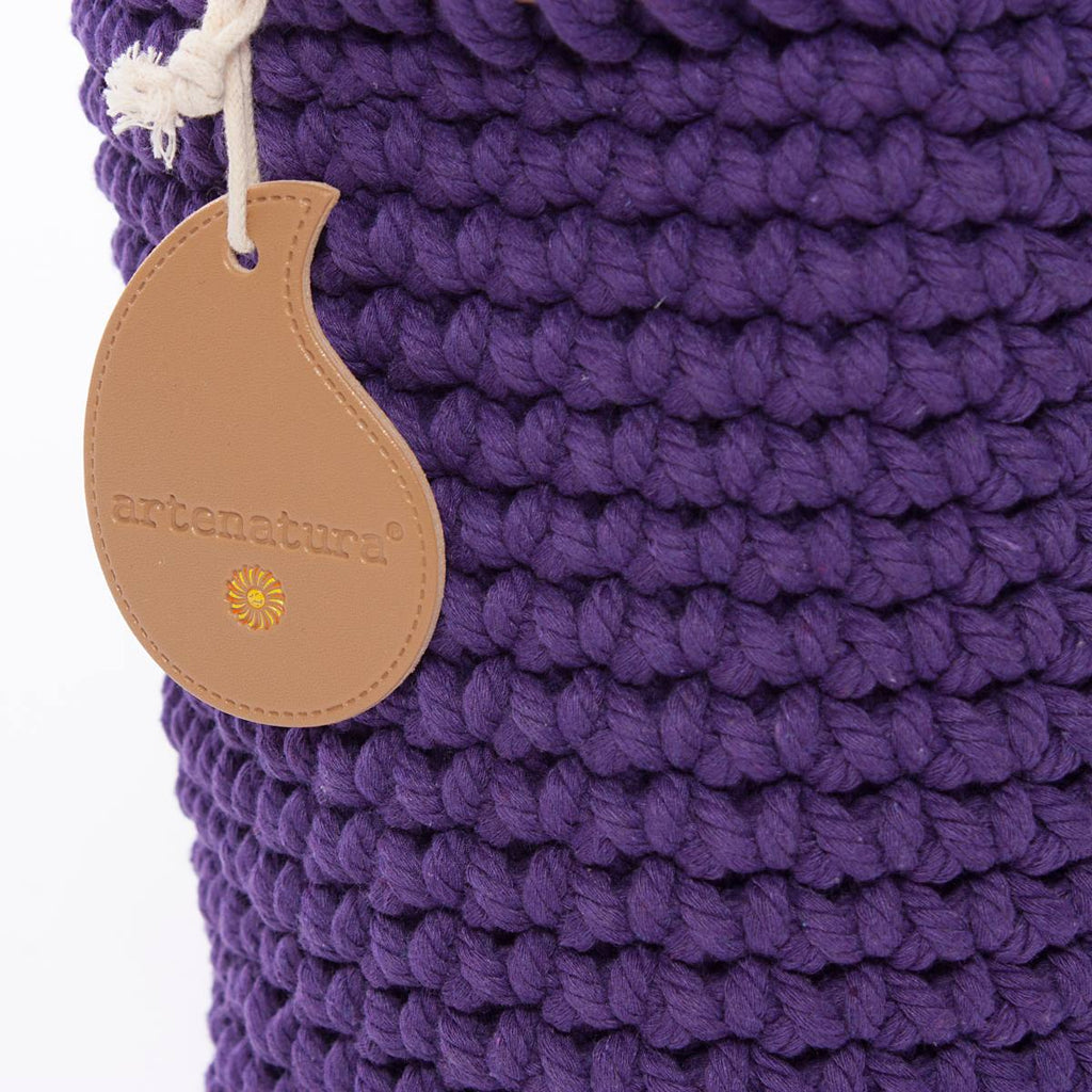 Borsa a secchiello in cotone viola con manici tondi in legno, Ø15x35 cm