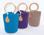 Borsa a secchiello in cotone viola con manici tondi in legno, Ø15x35 cm