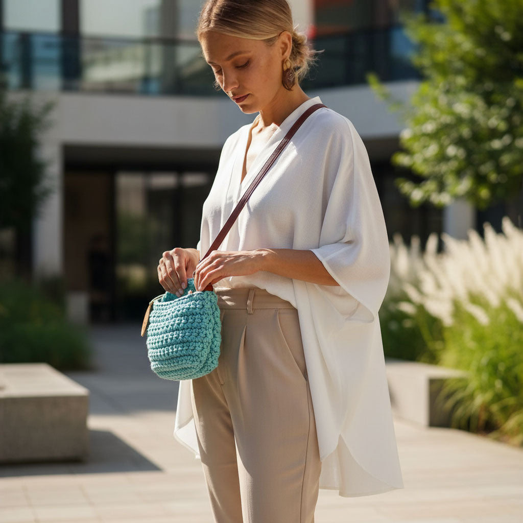 Borsetta a tracolla in cotone all'uncinetto con zip, 25x15 cm