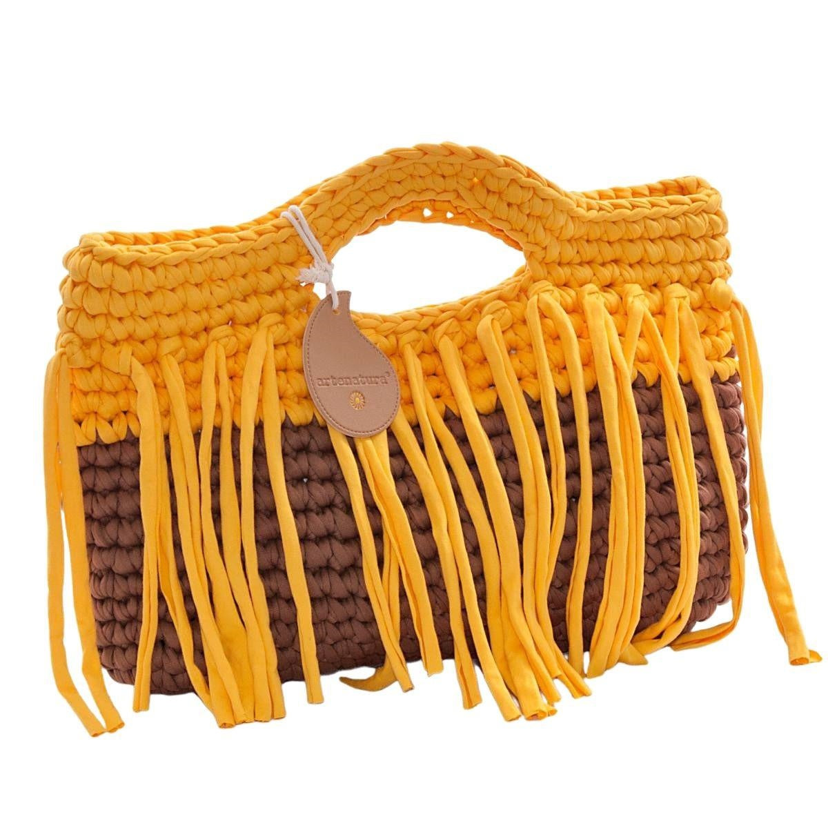 Borsa bicolore all'uncinetto con frange e chiusura magnetica, 36x26 cm