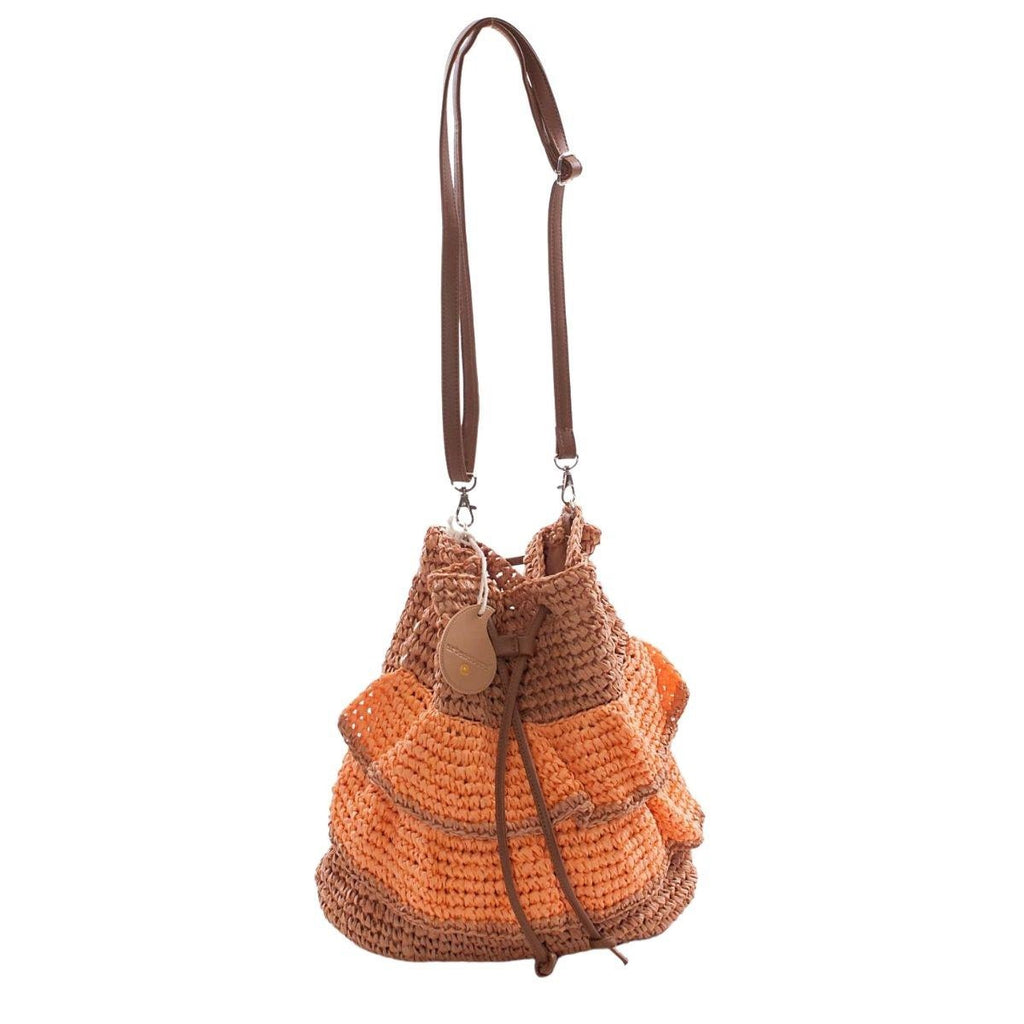 Borsa a secchiello a balze arancio e marrone con coulisse, 36x33 cm