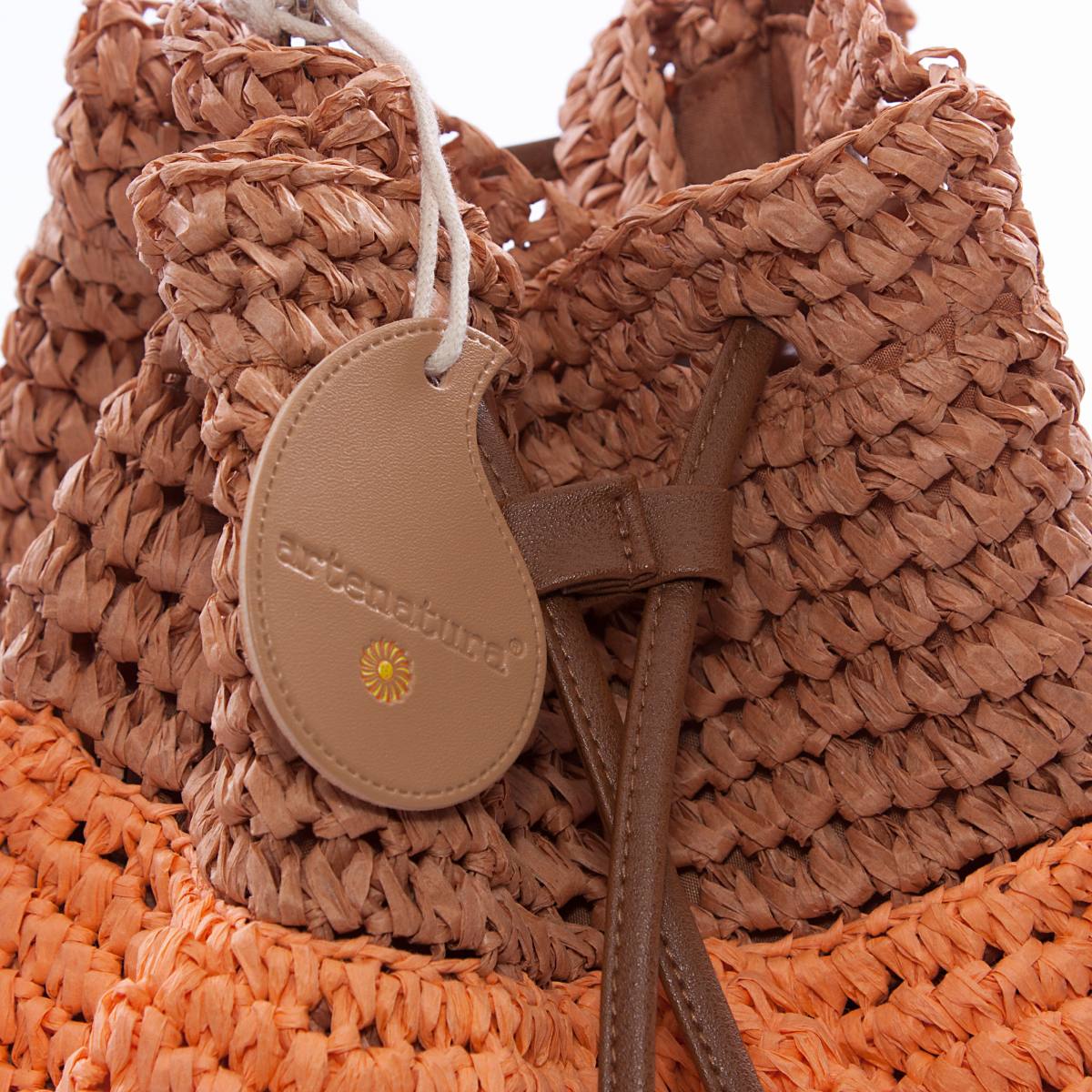 Borsa a secchiello a balze arancio e marrone con coulisse, 36x33 cm
