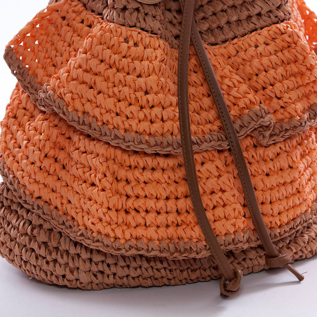 Borsa a secchiello a balze arancio e marrone con coulisse, 36x33 cm