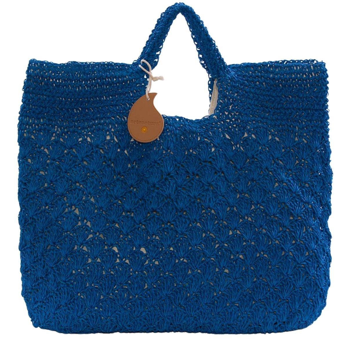 Borsa in fibre naturali blu all'uncinetto, foderata con zip, 48x40 cm