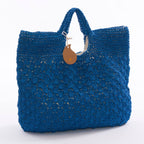 Borsa in fibre naturali blu all'uncinetto, foderata con zip, 48x40 cm