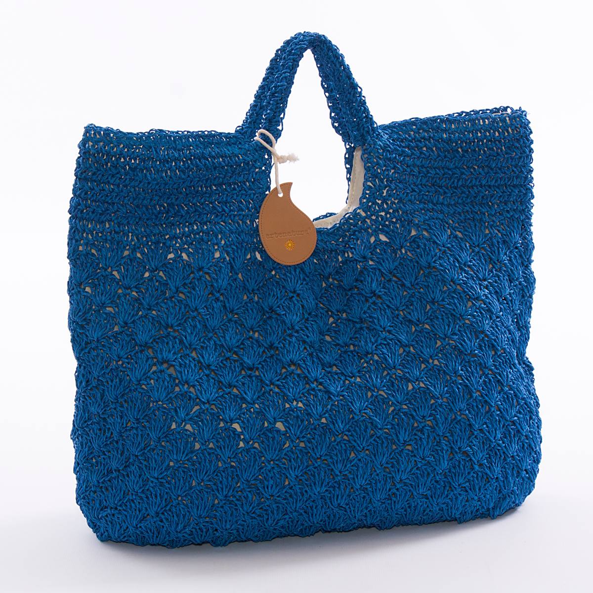 Borsa in fibre naturali blu all'uncinetto, foderata con zip, 48x40 cm
