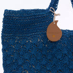 Borsa in fibre naturali blu all'uncinetto, foderata con zip, 48x40 cm