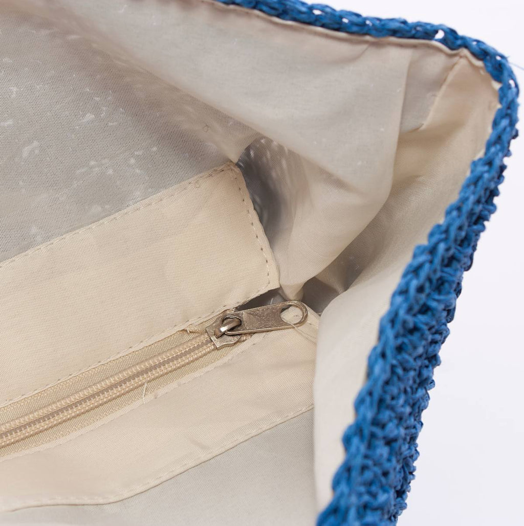 Borsa in fibre naturali blu all'uncinetto, foderata con zip, 48x40 cm