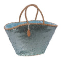 Borsa in palma con paillettes azzurre e chiusura a coulisse, 60x30 cm