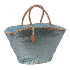 Borsa in palma con paillettes azzurre e chiusura a coulisse, 60x30 cm