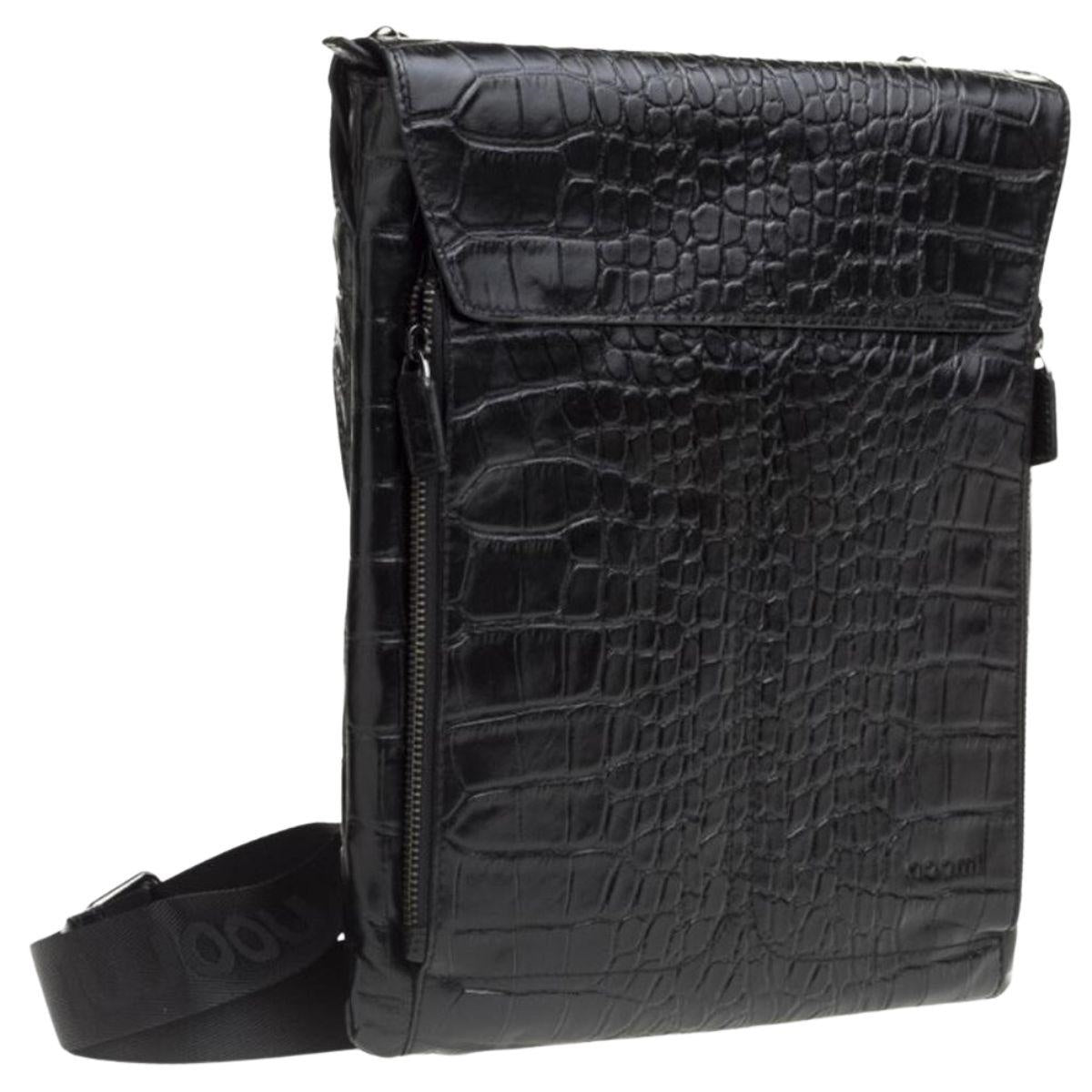Borsa a tracolla da uomo in pelle nera stampa cocco, 28x5,5x33 cm
