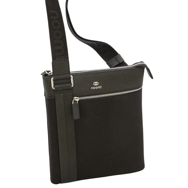 Borsello a tracolla in pelle e tela nera con zip, 23x5,5x27 cm