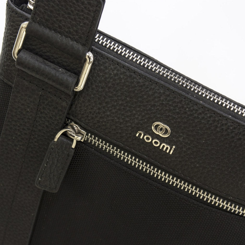 Borsello a tracolla in pelle e tela nera con zip, 23x5,5x27 cm