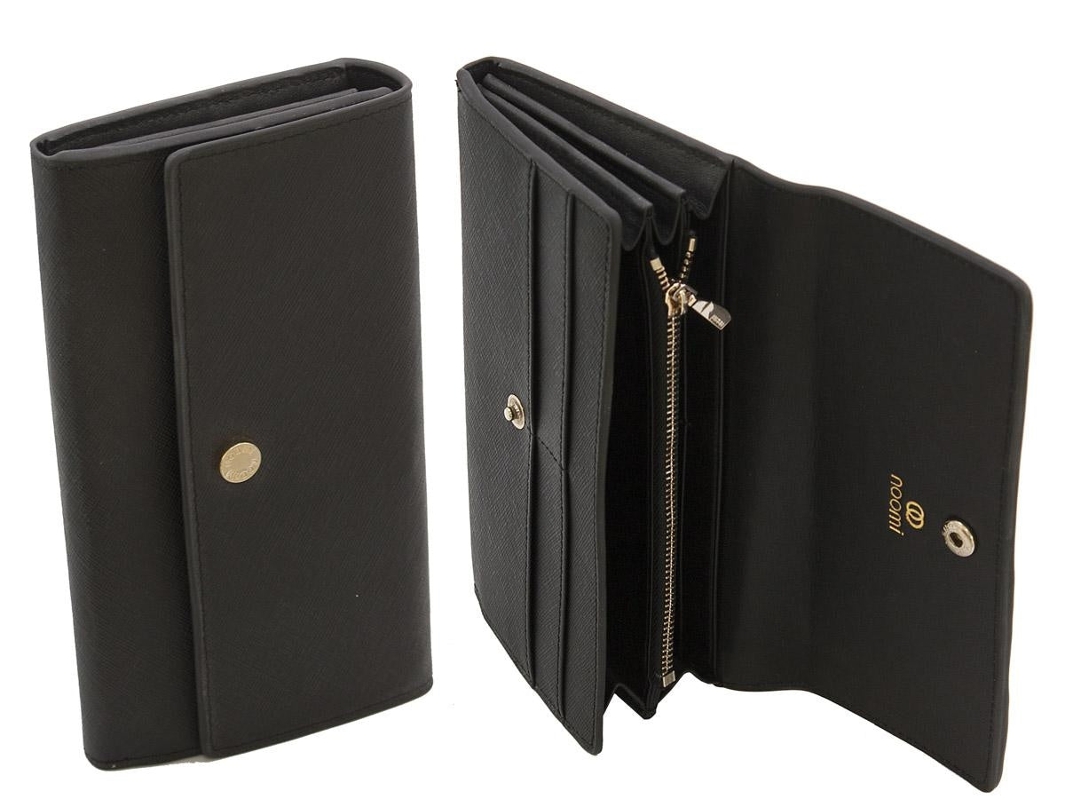 Portafoglio da donna lungo in pelle nera con patta a bottone, 10,5x19 cm
