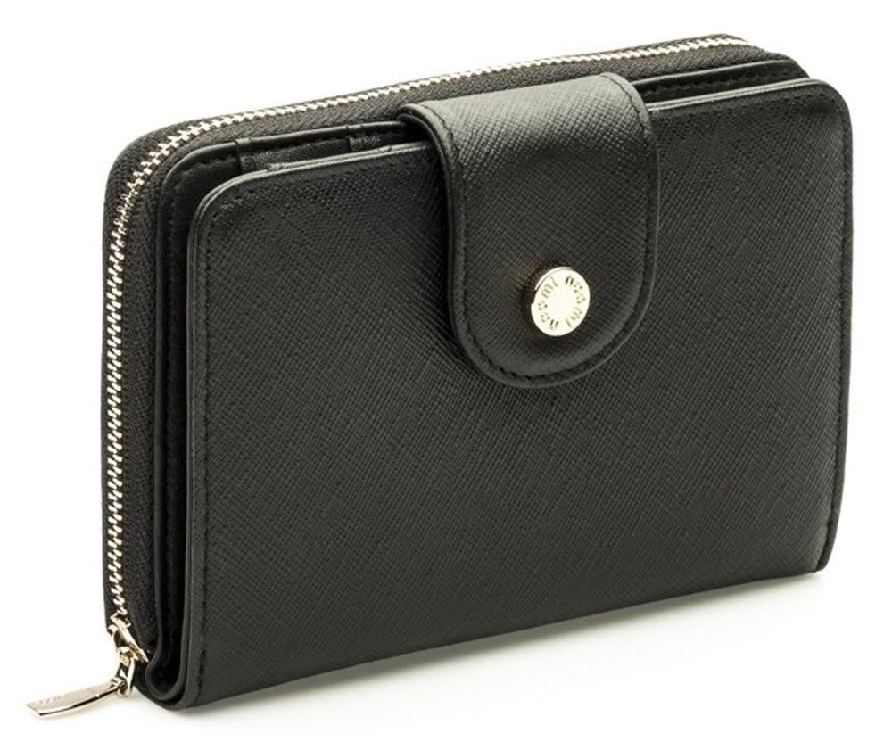 Portafoglio da donna in pelle saffiano nera con zip e bottone, 10,5x12 cm