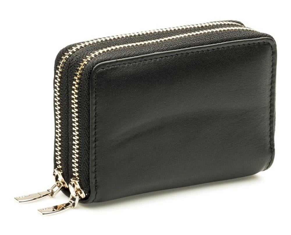 Portafoglio compatto in pelle nera a doppia zip, 7x10 cm