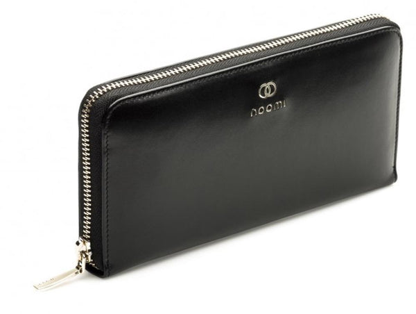 Portafoglio lungo in pelle nera con zip, 20x10,5 cm