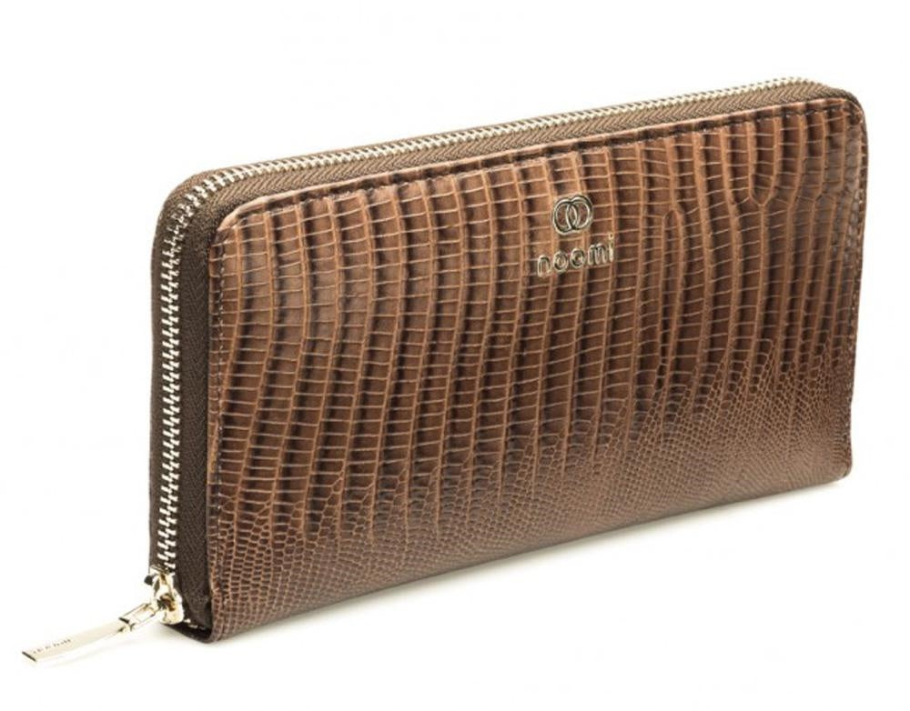 Portafoglio lungo da donna in pelle marrone stampa rettile con zip, 20x10,5 cm