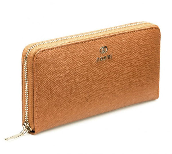 Portafoglio lungo da donna in pelle saffiano cuoio con zip, 20x10,5 cm