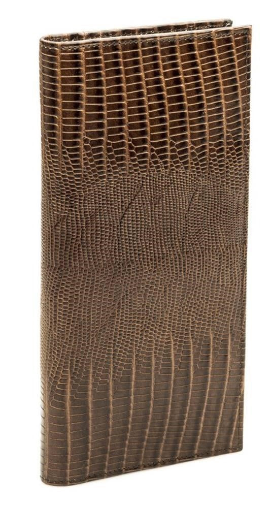 Portafoglio lungo sottile in pelle marrone stampa rettile, 9x18 cm