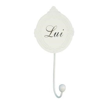 Appendino a 1 gancio in ferro crema con scritta lui, 13,5x6H26 cm (kit da 10)