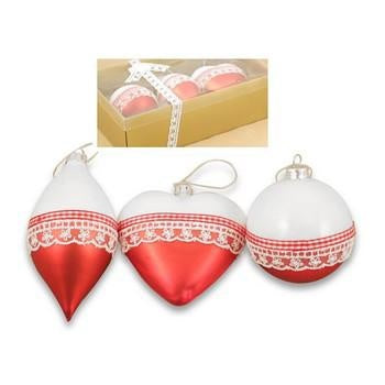 Palle natalizie da appendere bianche e rosse con ricami (kit da 5)