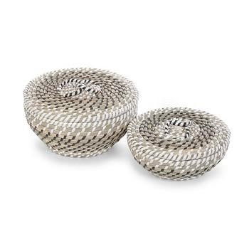 Scatola tonda in erba naturale, bianco e nero (kit da 3)
