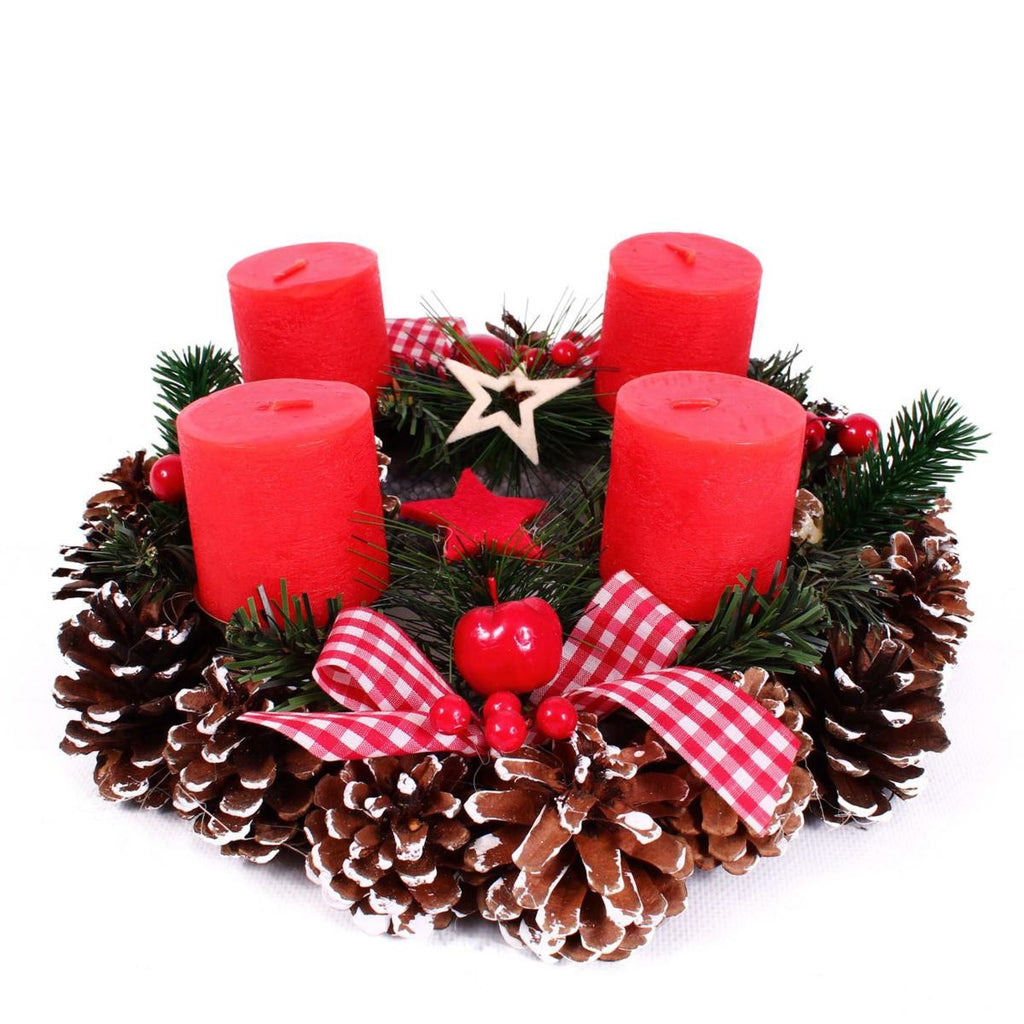 Decorazione natale centrotavola con 4 candele rosse diam, 30H10 cm