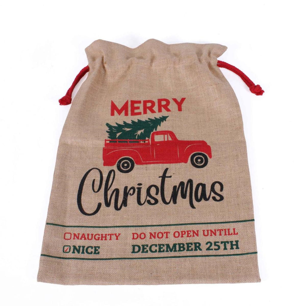 Sacco in juta stampa Merry Christmas con lacci rossi, 56x38 cm (kit da 5)