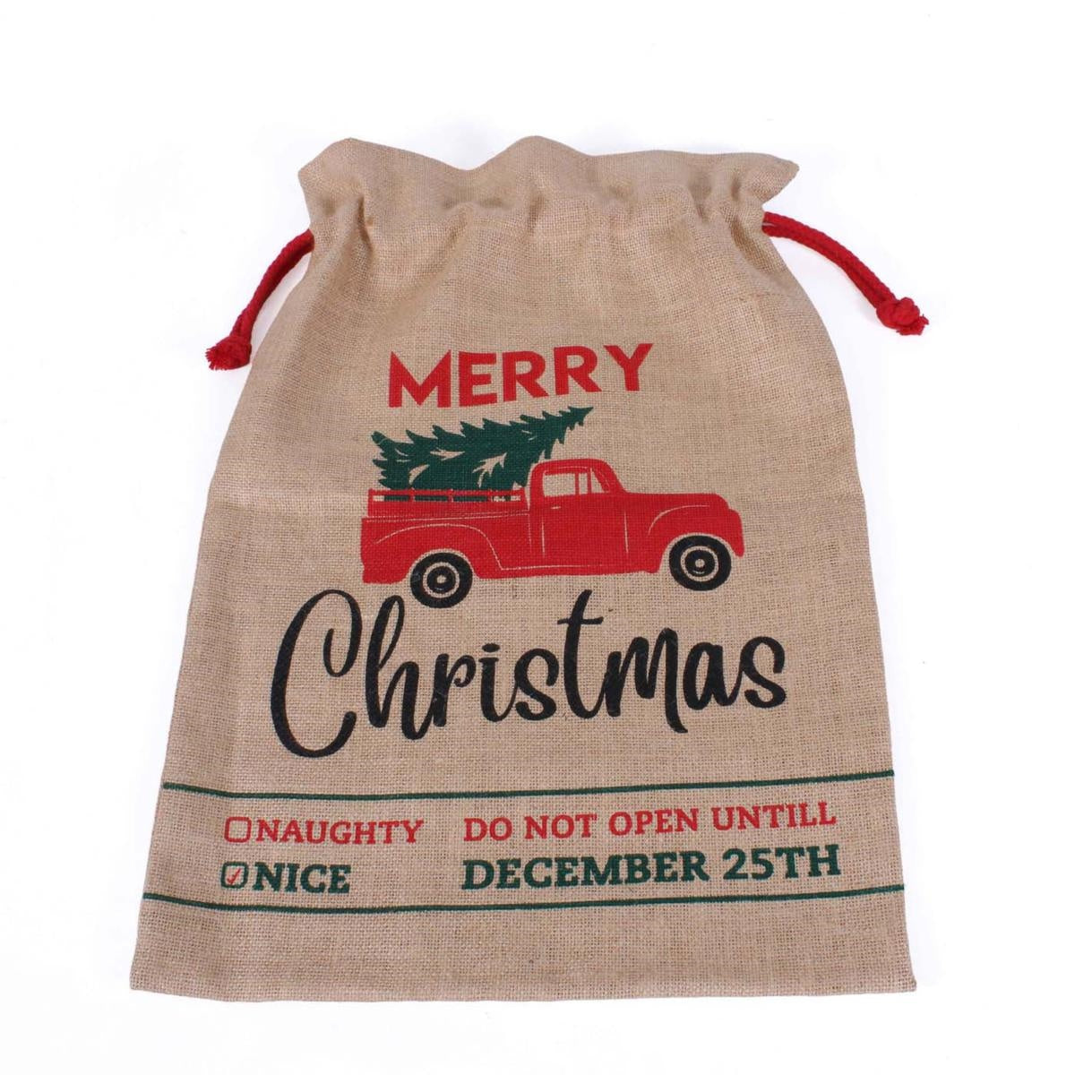 Sacco in juta stampa Merry Christmas con lacci rossi, 56x38 cm (kit da 5)