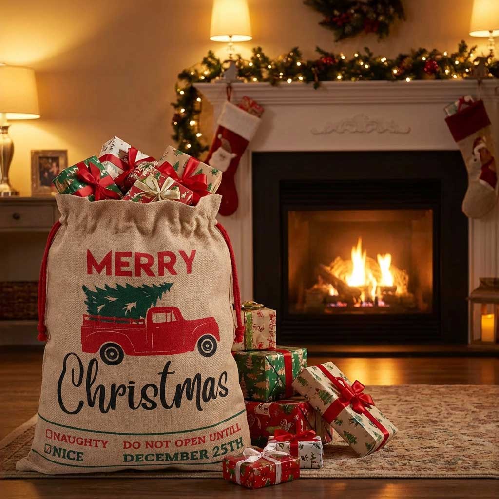 Sacco in juta stampa Merry Christmas con lacci rossi, 56x38 cm (kit da 5)