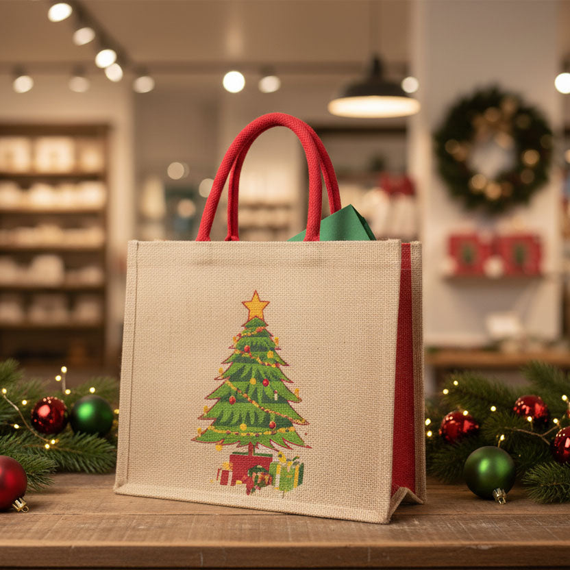 Borsina in juta naturale con albero rosso, 15x12x15 cm (kit da 10)