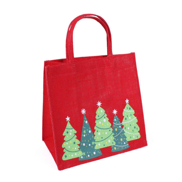 Borsina in juta rossa con stampa ad alberi verdi, 25x15H25 cm (kit da 5)