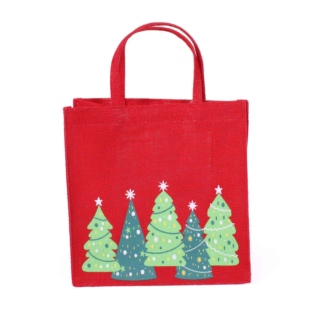 Borsina in juta rossa con stampa ad alberi verdi, 25x15H25 cm (kit da 5)