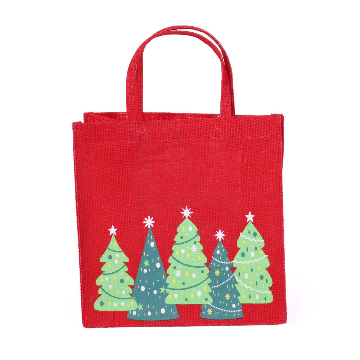 Borsina in juta rossa con stampa ad alberi verdi, 25x15H25 cm (kit da 5)