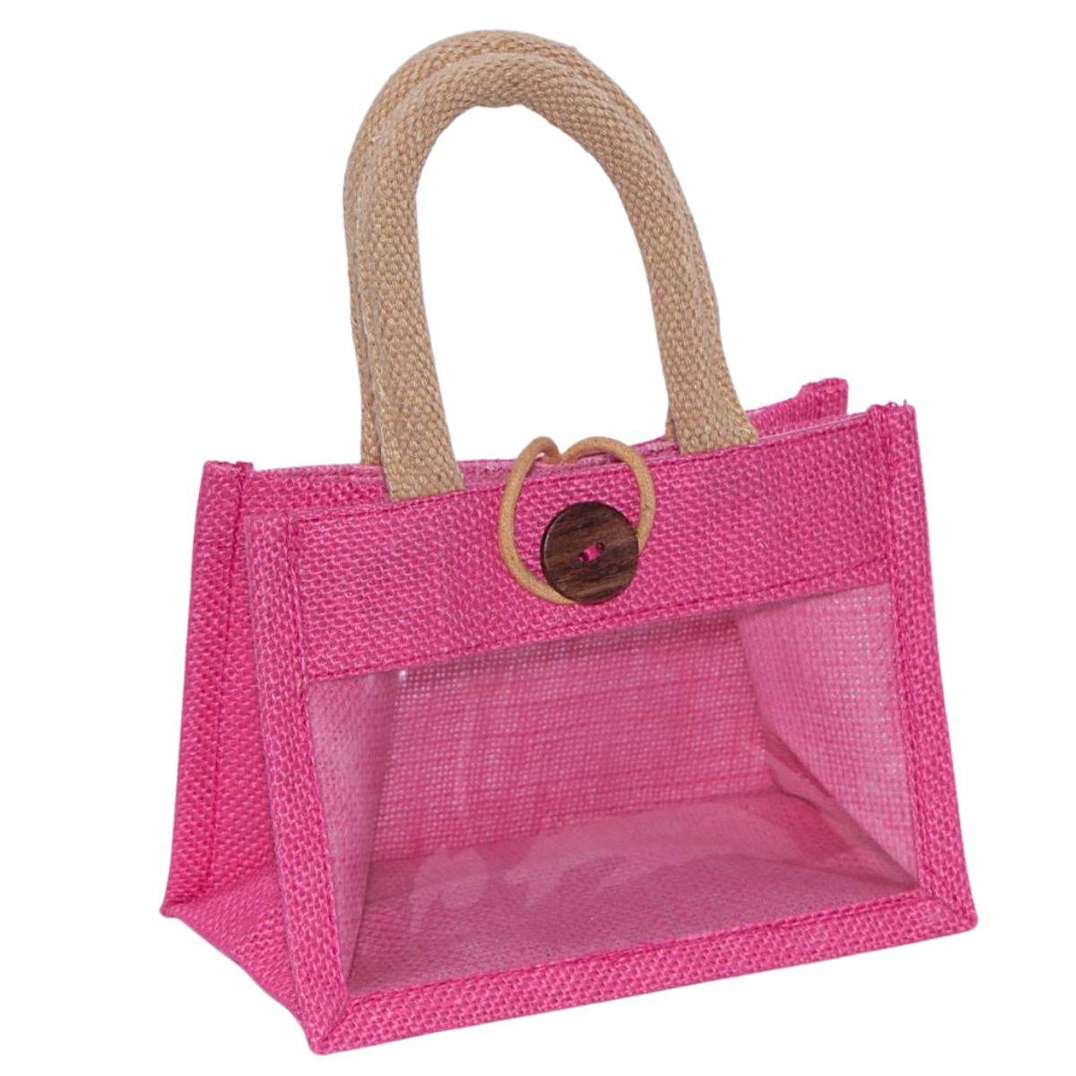 Borsina fucsia in juta con finestra, 18x10x13 cm (kit da 10)