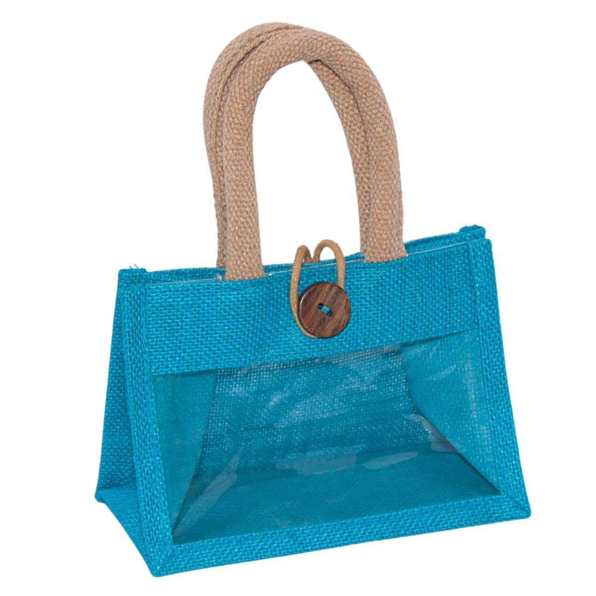 Borsina turchese in juta con finestra, 18x10H13 cm (kit da 10)