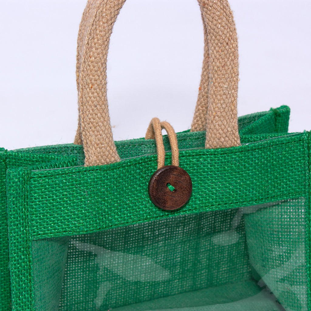 Borsina verde in juta con finestra, 18x10x13 cm (kit da 10)