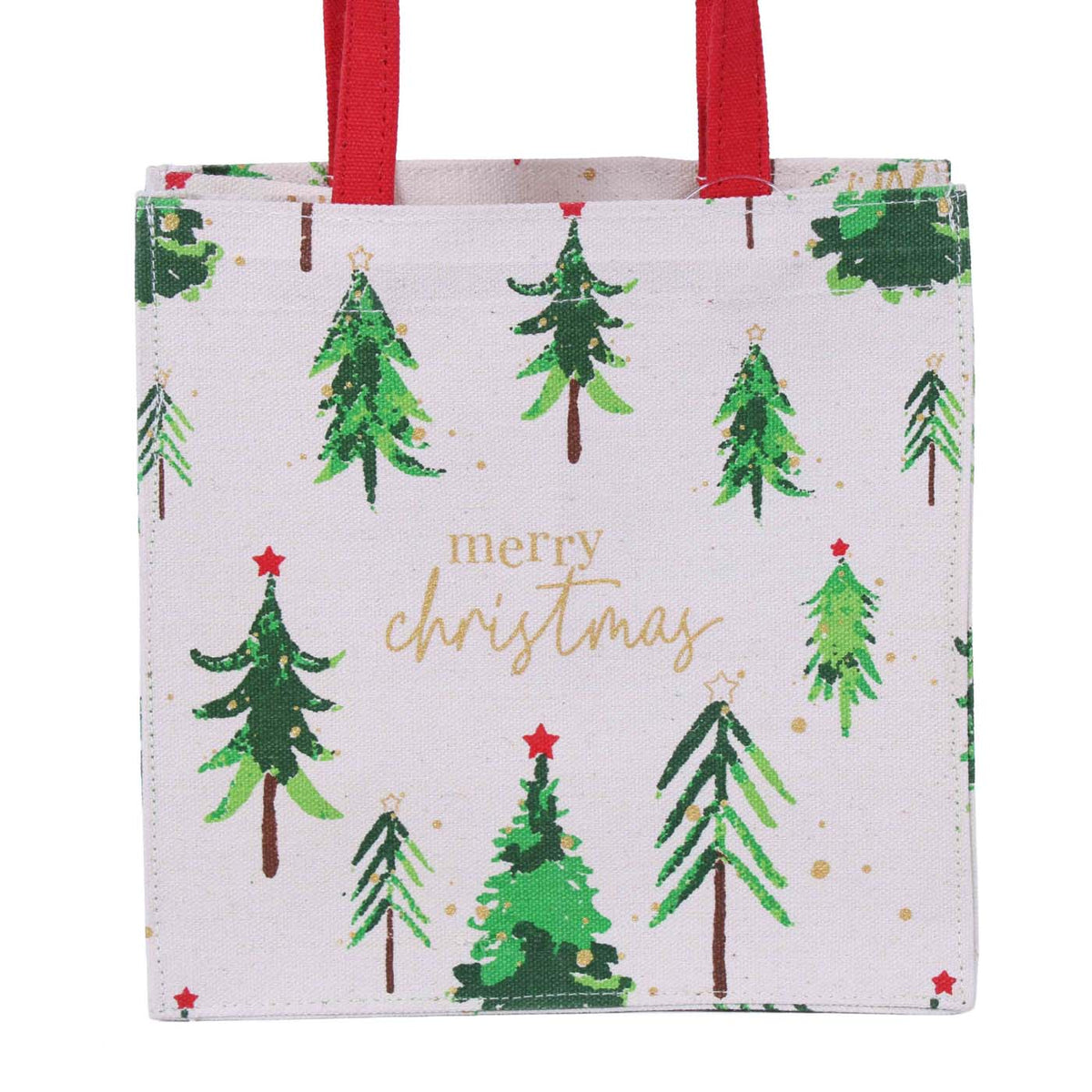 Borsina in canvas di cotone con alberi e manici rossi, 20x12H20 cm (kit da 10)