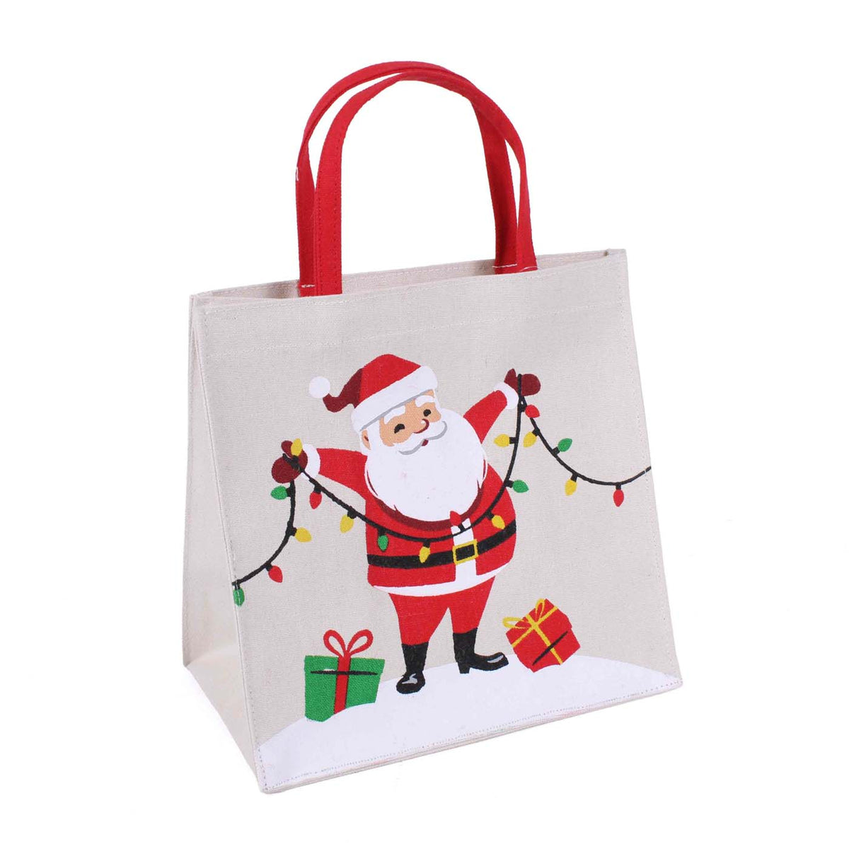 Borsina in canvas di cotone con Babbo Natale e pacchi, 25x12x25 cm (kit da 5)